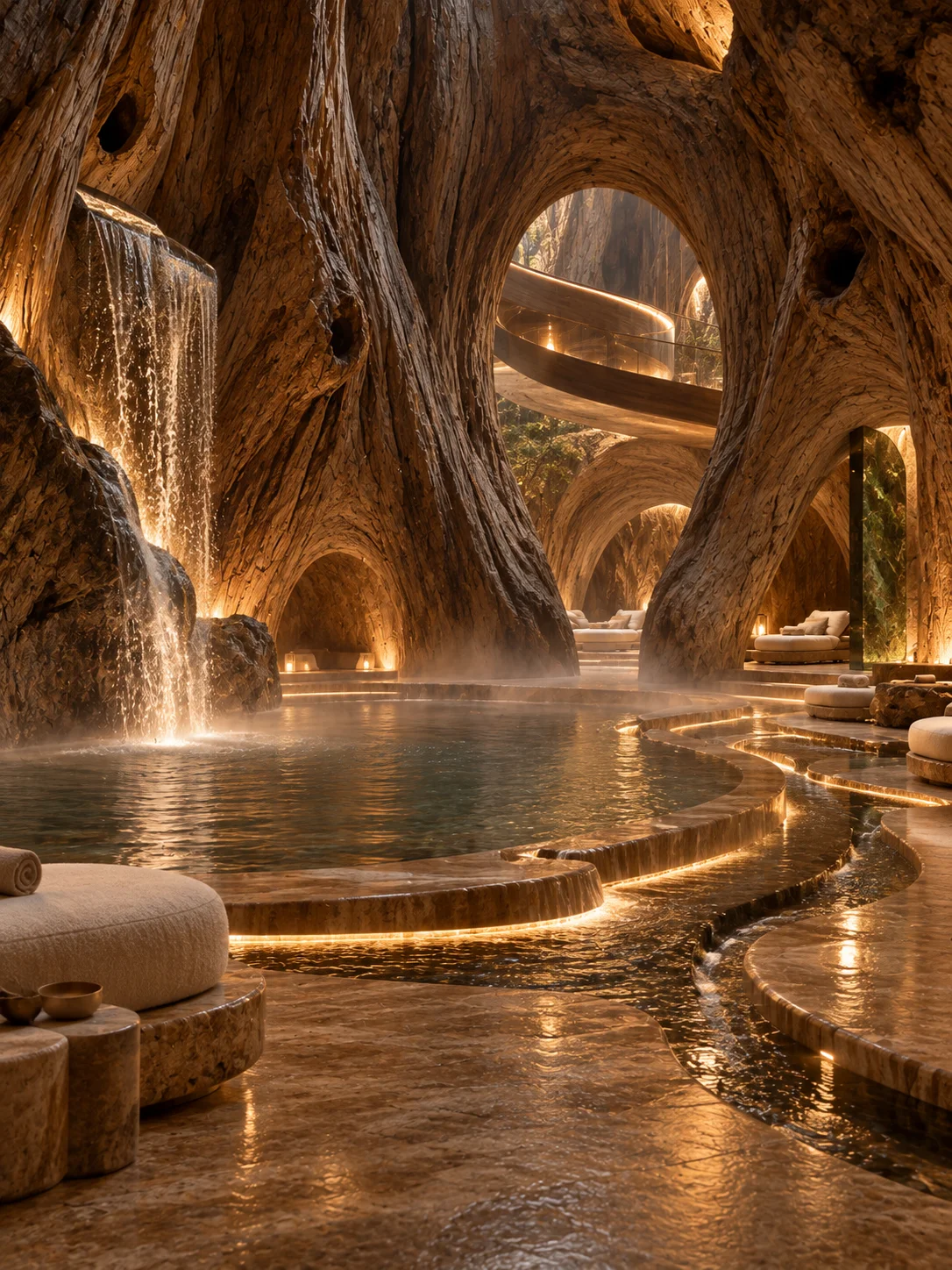 Spa level with terraced pools, small waterfalls, mist and candle-lit stone seating among giant roots.