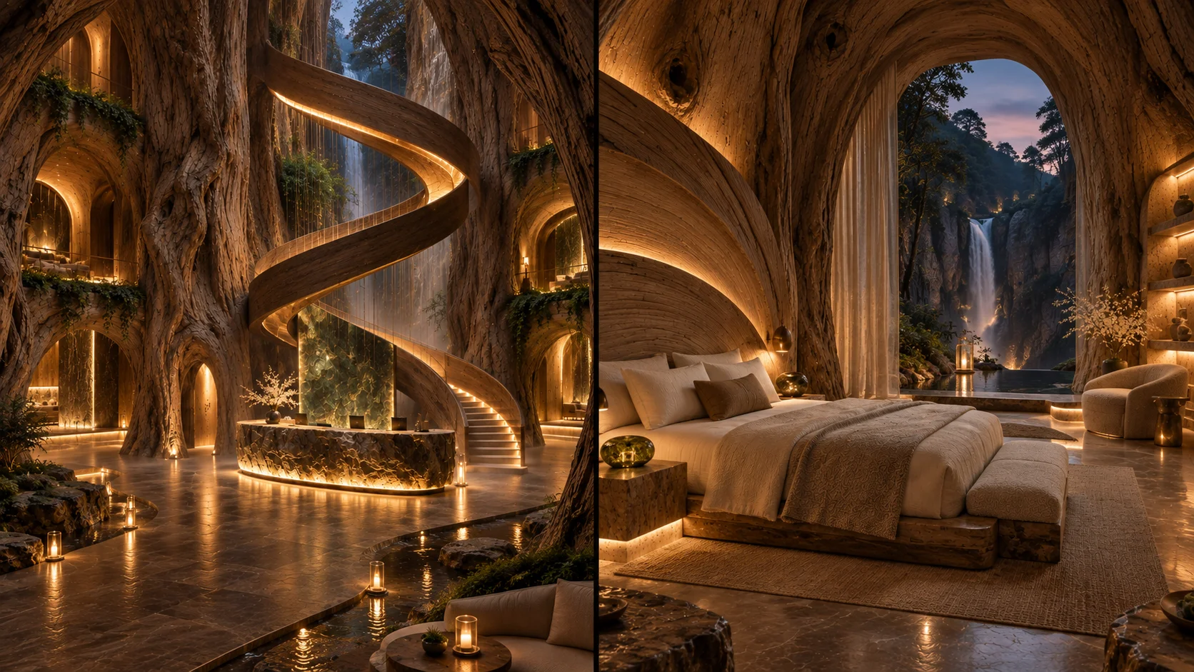 Lighting scenes for SYLVA: the glowing spiral stair, arched wood vaults and a suite at dusk with the waterfall beyond.