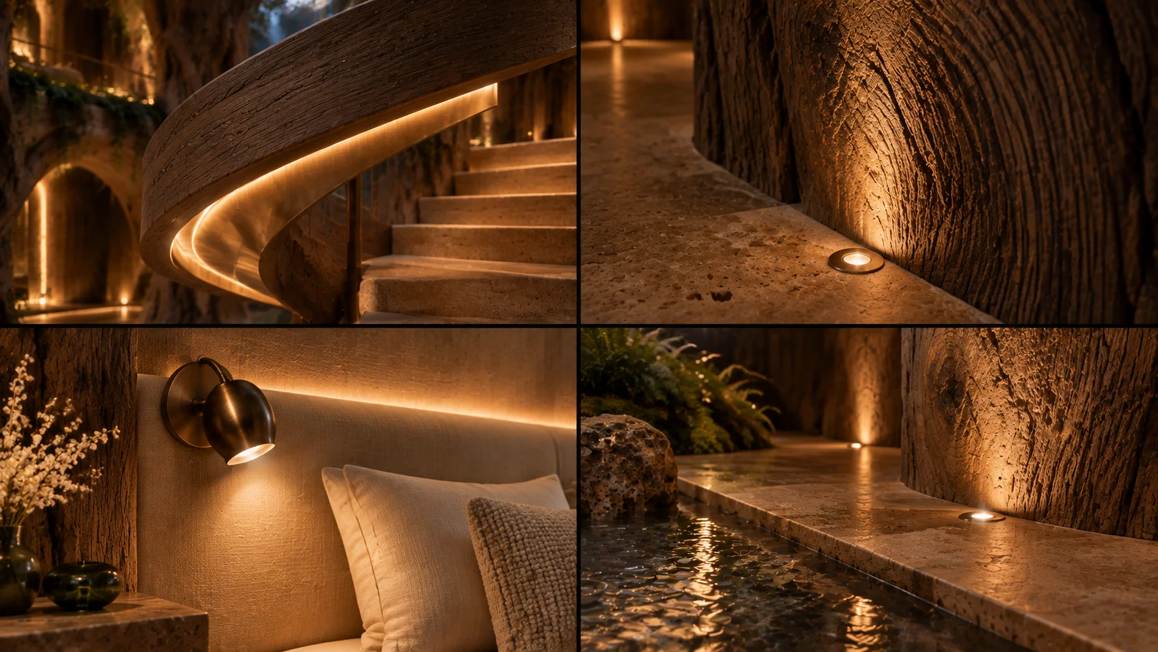 Lighting detail studies for SYLVA: illuminated stair edges, wall-washed bark texture, bronze sconces and lantern glow on water.