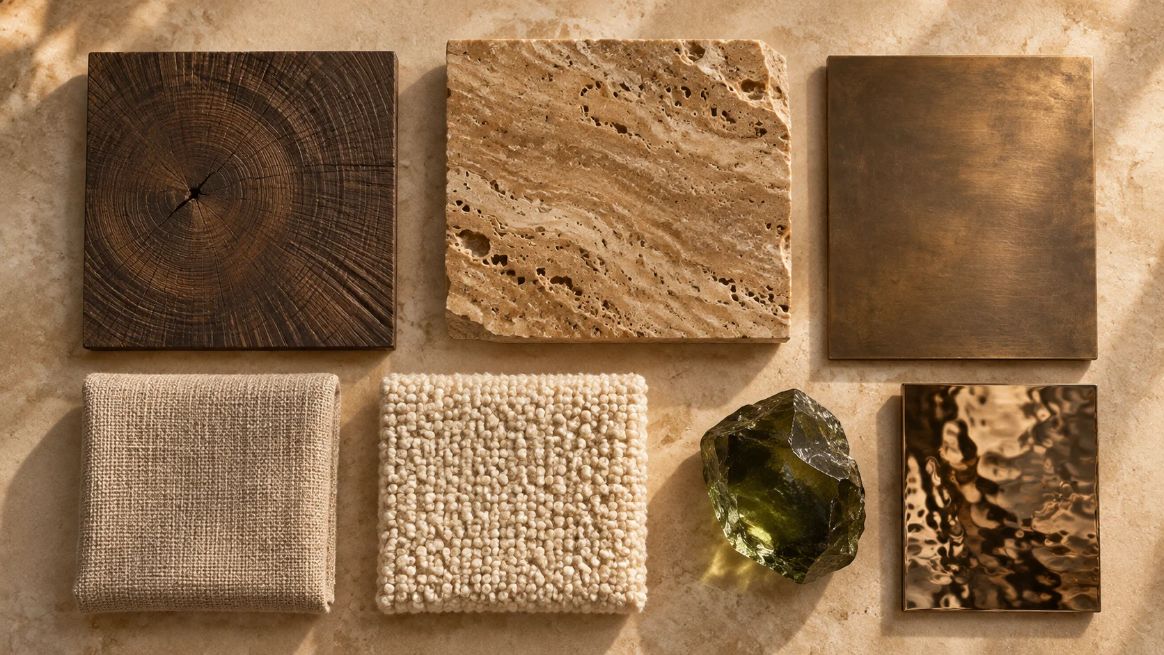 Material palette for SYLVA: end-grain wood, travertine, aged bronze, boucle and woven textiles, green stone and hammered metal.