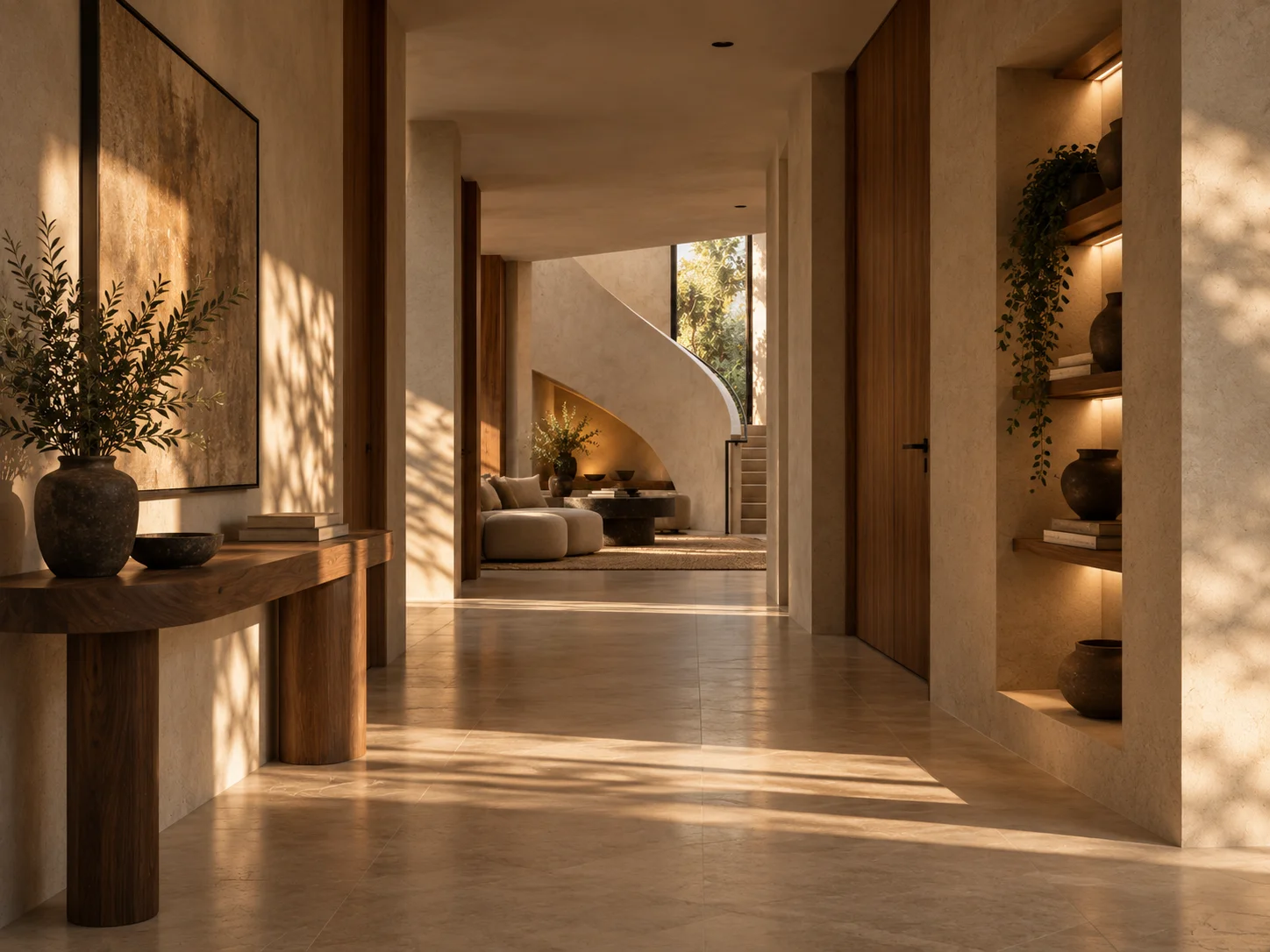 Hallway with a sculptural curved staircase, lime plaster walls and concealed warm lighting.