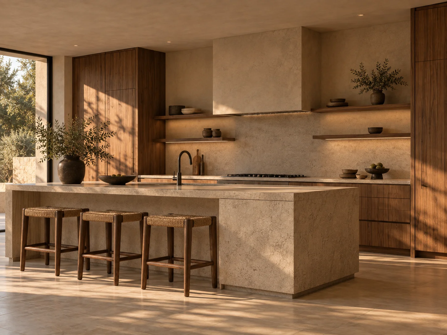 Kitchen with a monolithic travertine island, walnut cabinetry and woven bar stools in warm afternoon light.