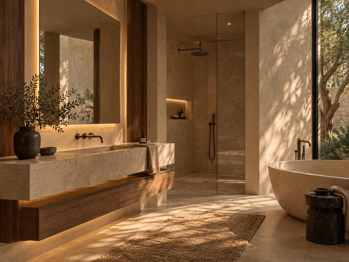 Bathroom with a freestanding stone bath, long travertine vanity, walnut drawers and dappled garden light.