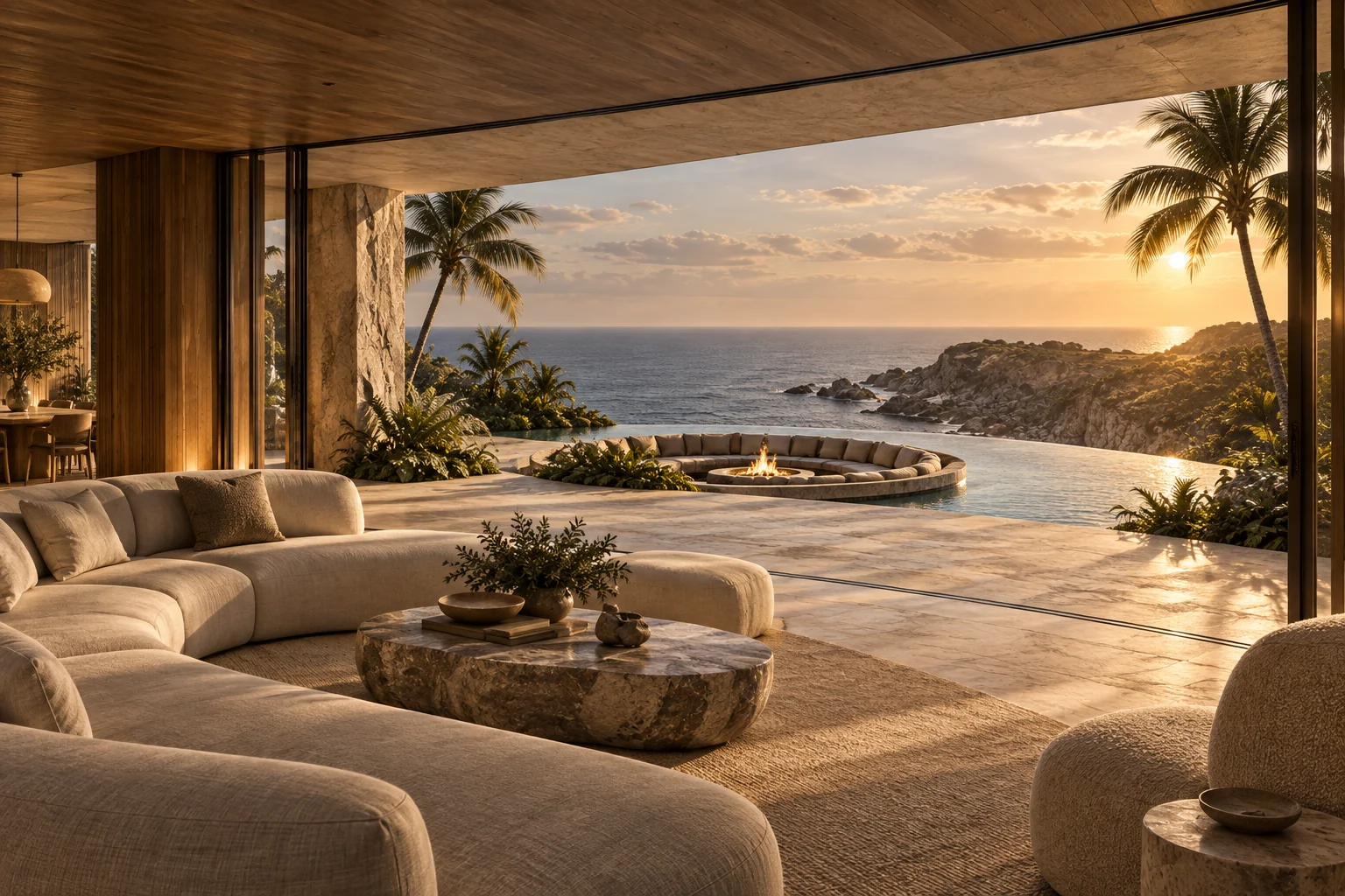 Linen seating and a stone coffee table opening towards the coastal infinity pool.