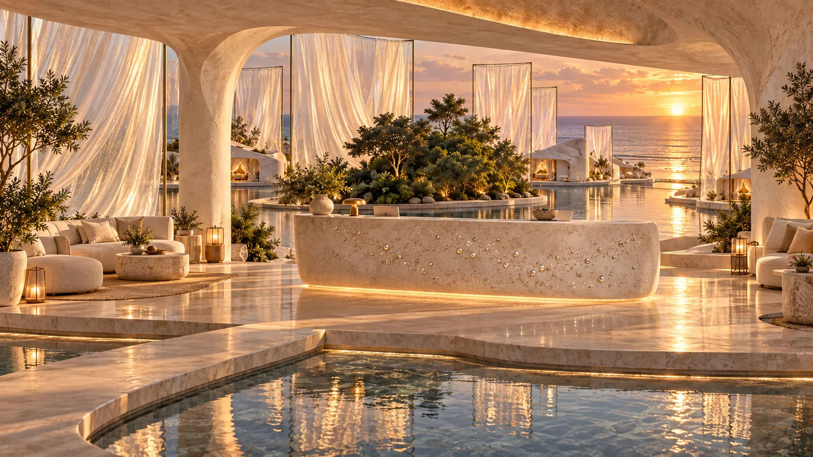 The open lobby looks toward the garden and horizon; pearls catch the light in the reception counter.