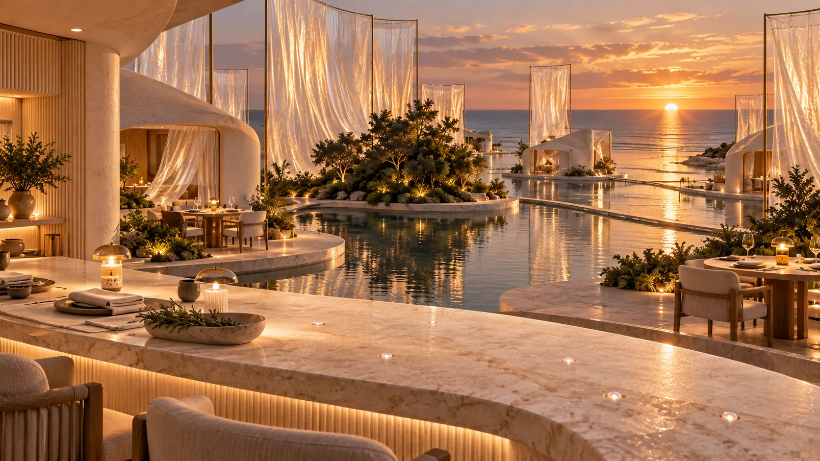 The restaurant opens across reflective water; small pearls are set into the pale stone counter.