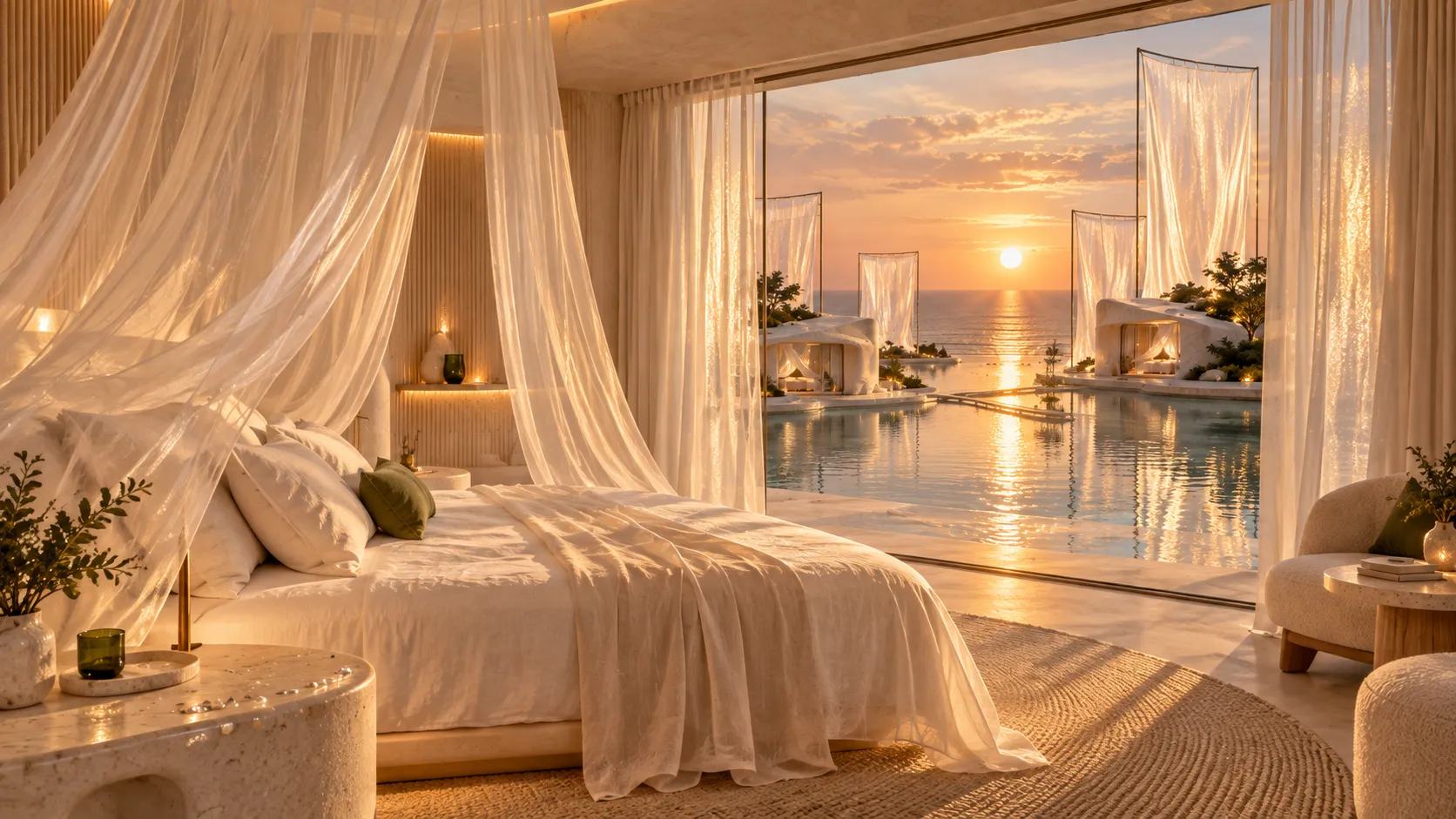 A light canopy softens the bed as the taller veils frame the sea outside.
