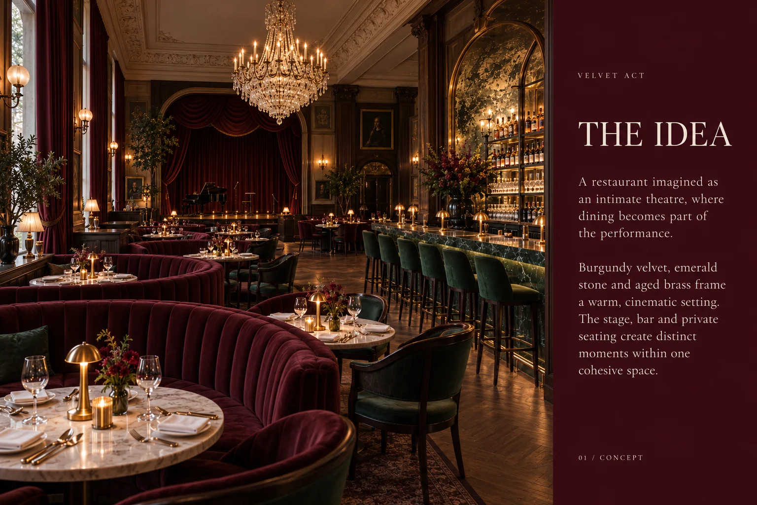 A restaurant conceived as a theatre, where dinner unfolds in acts.