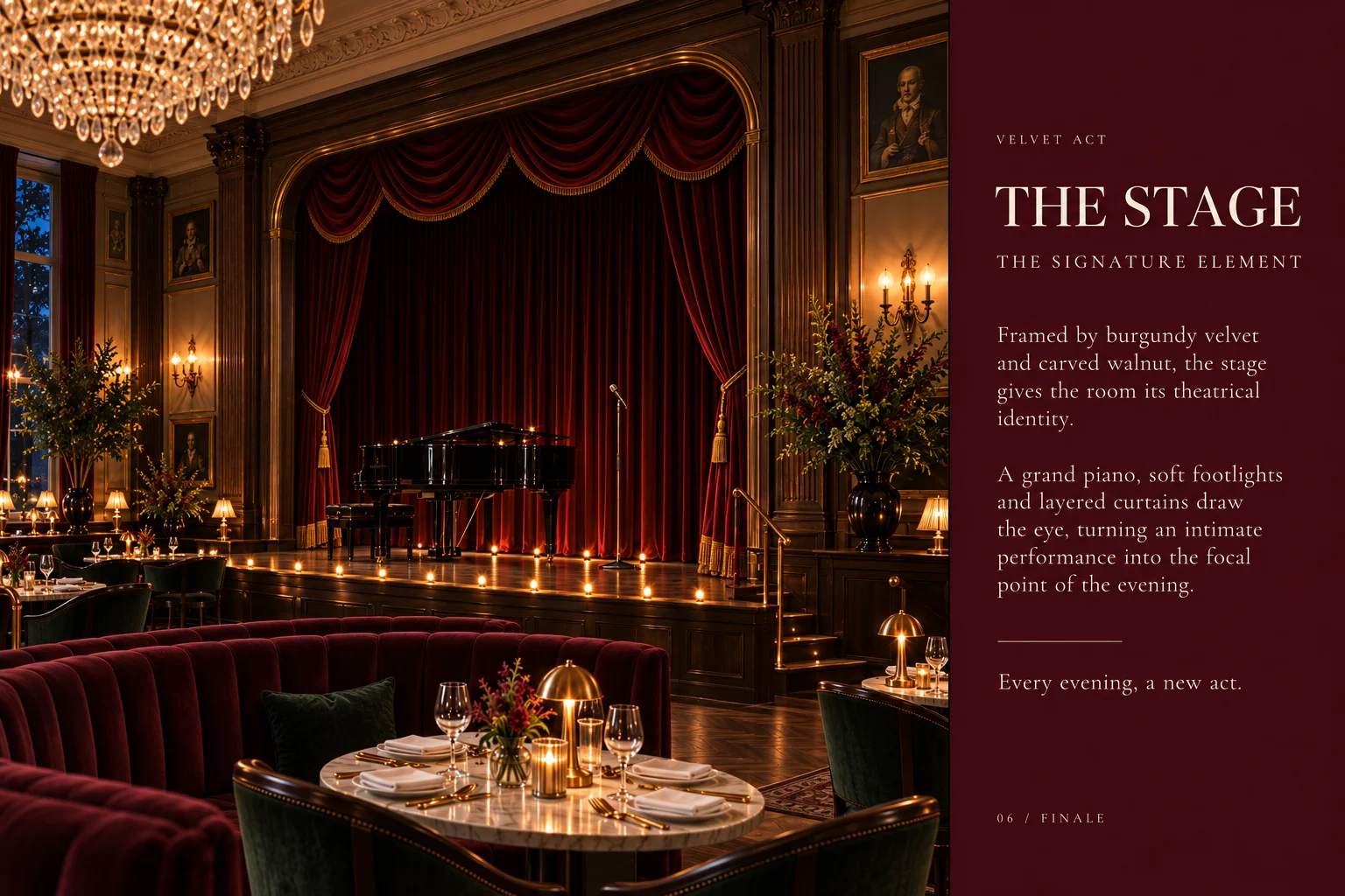 A burgundy stage and grand piano close the evening like an encore.