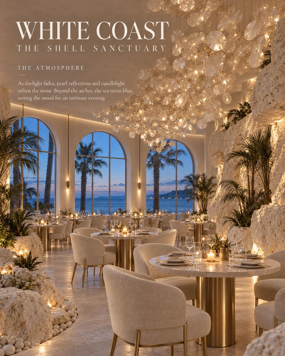 Evening inside the shell: pearl light against a darkening sea.