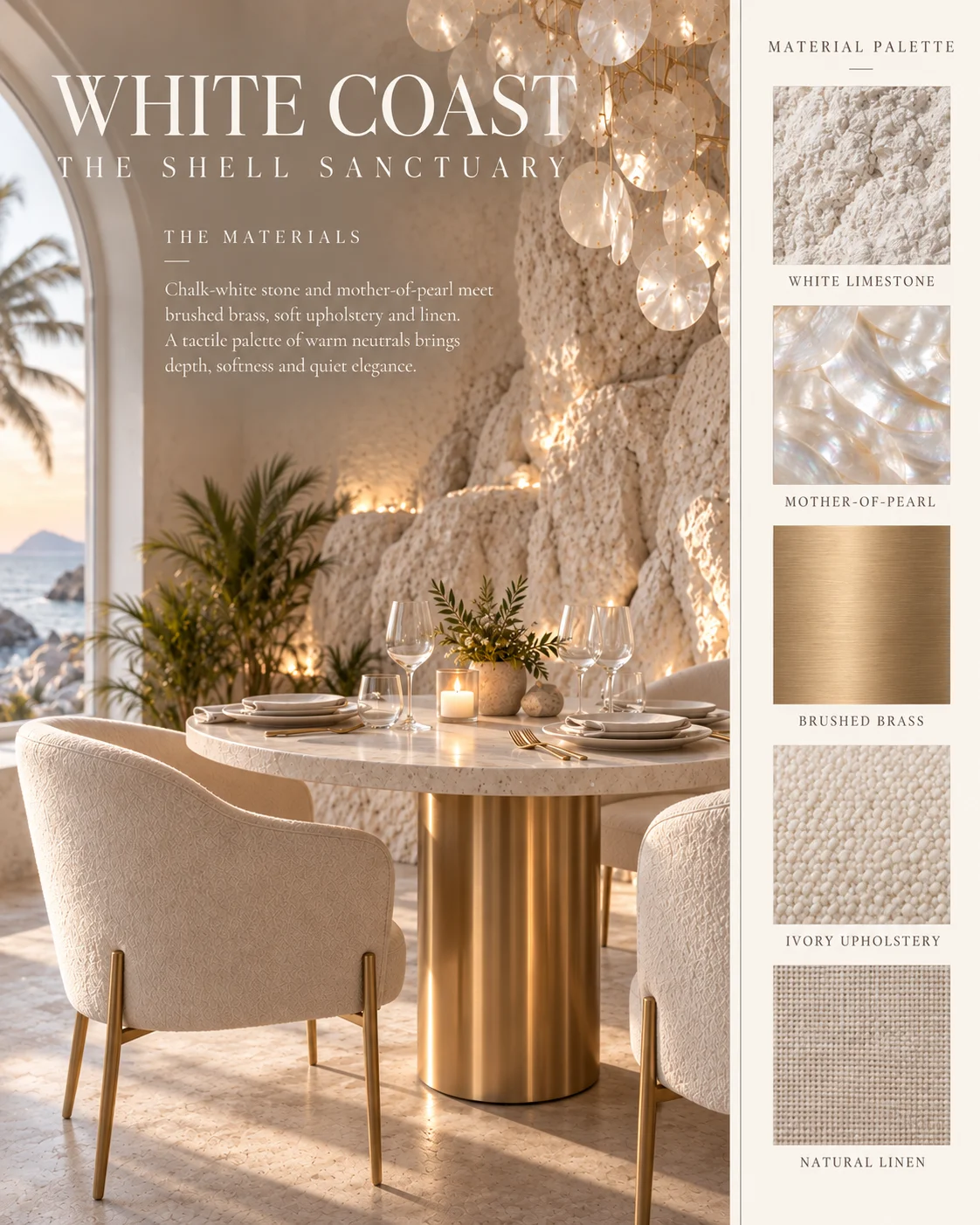 White stone, mother-of-pearl, pale travertine and sheer linen.